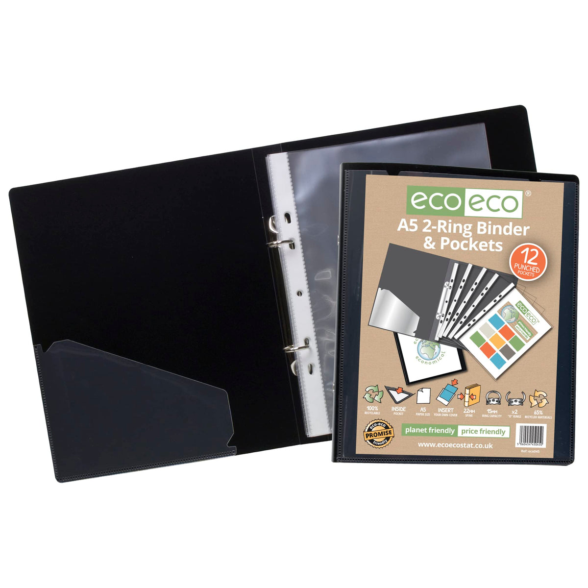 A5 65% Recycled Presentation Ring Binder with 12 Multi-Punched Pockets, Black