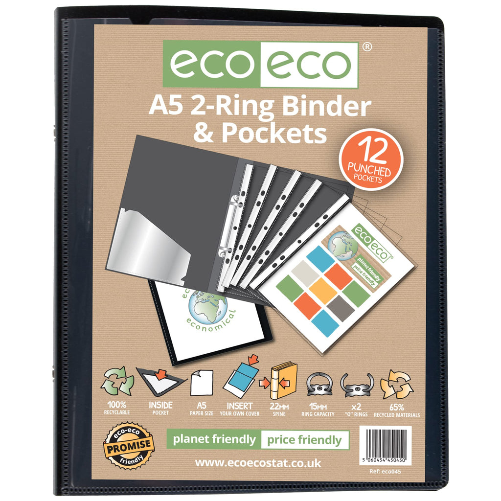 A5 65% Recycled Presentation Ring Binder with 12 Multi-Punched Pockets, Black