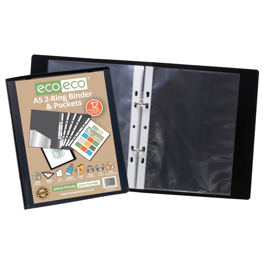 A5 65% Recycled Presentation Ring Binder with 12 Multi-Punched Pockets, Black
