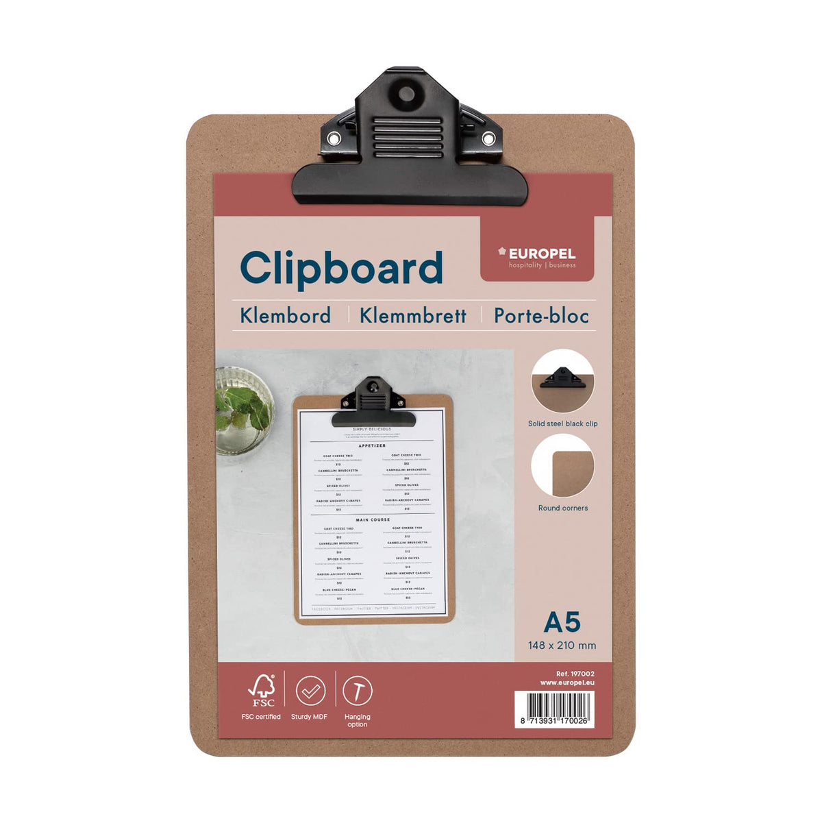 A5 MDF Clipboard — Smooth Hardboard, 75mm Rust-Resistant Clip, Hanging Hole