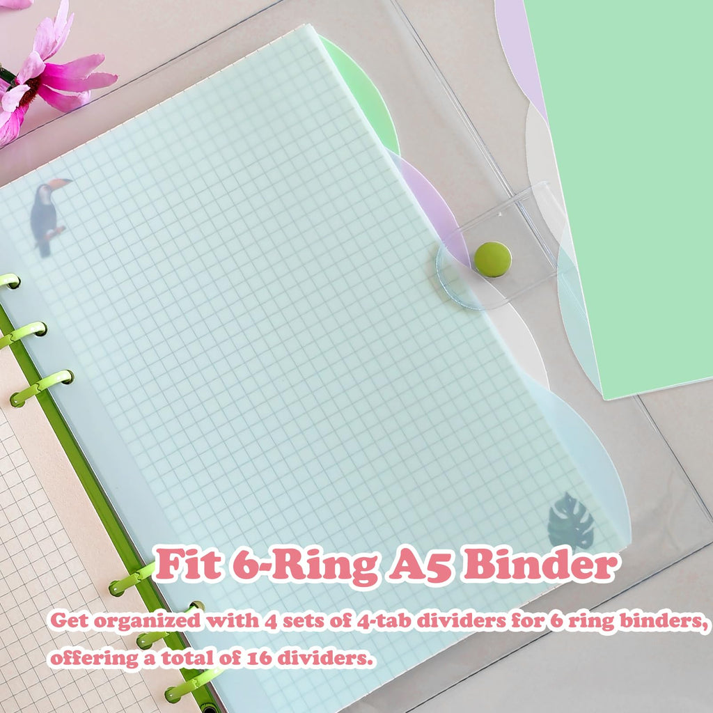 A5 Translucent 6-Ring Binder Dividers — 4 Sets (16 Tabs), Green