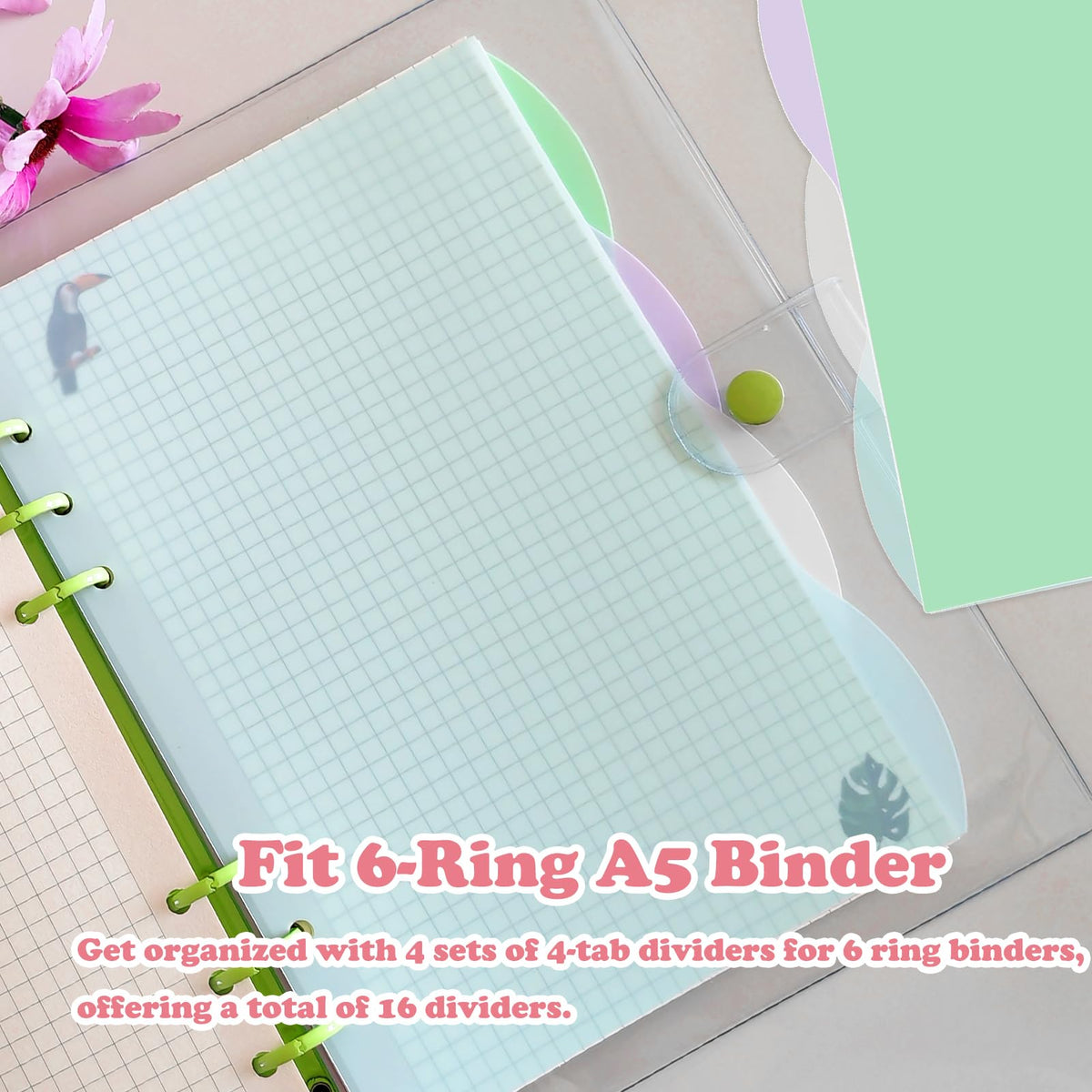 A5 Translucent 6-Ring Binder Dividers — 4 Sets (16 Tabs), Green