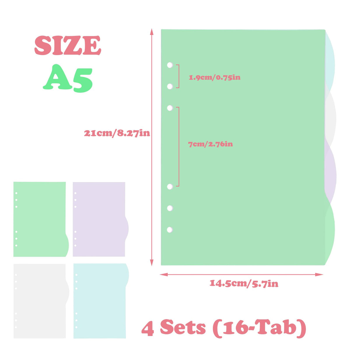 A5 Translucent 6-Ring Binder Dividers — 4 Sets (16 Tabs), Green