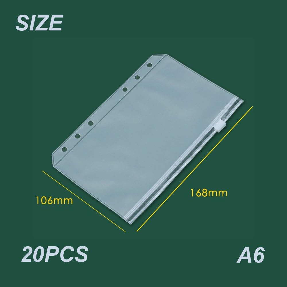 A6 Zipper Binder Punched PVC Pockets, 20 PCS, 6-Hole Ring Organizer