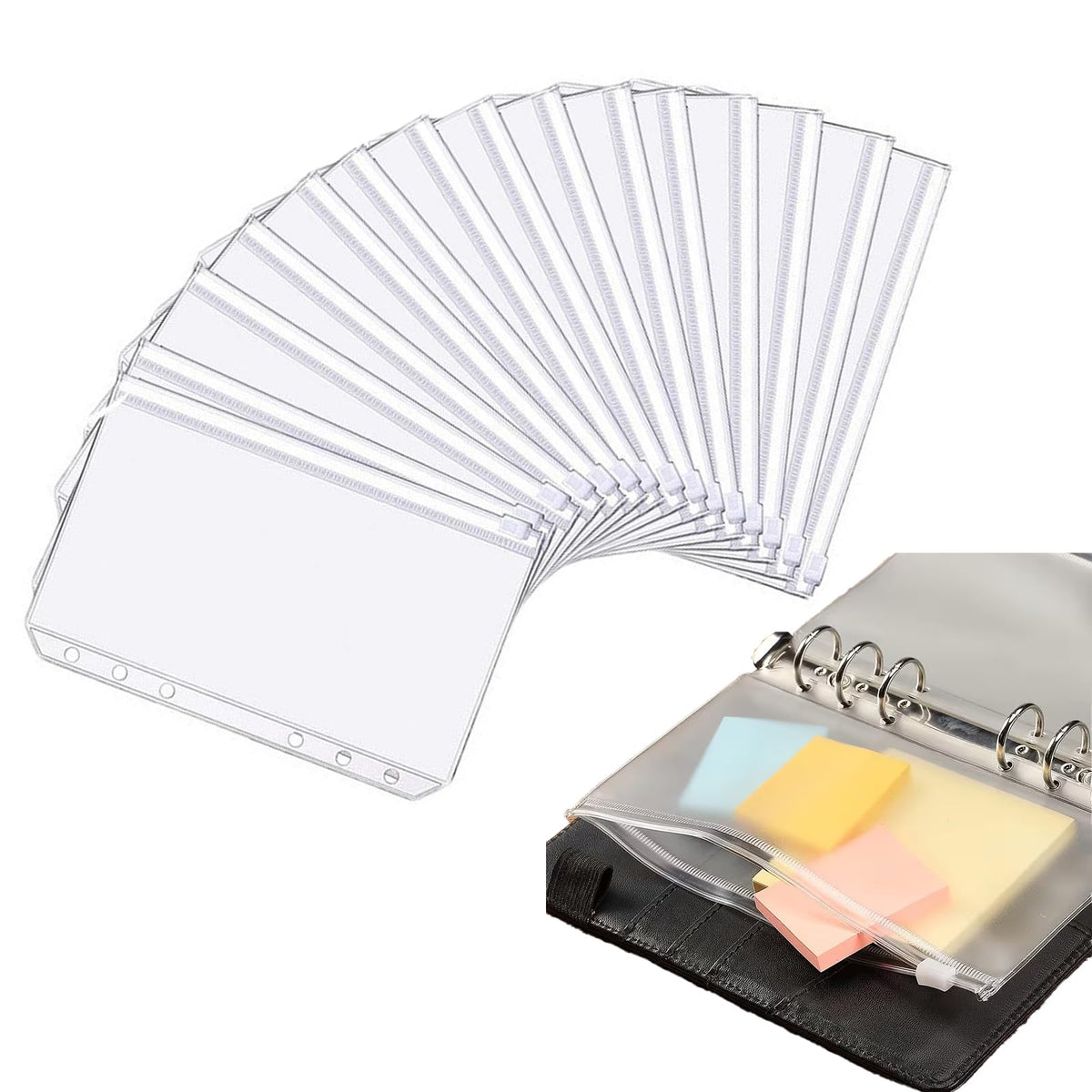 A6 Zipper Binder Punched PVC Pockets, 20 PCS, 6-Hole Ring Organizer
