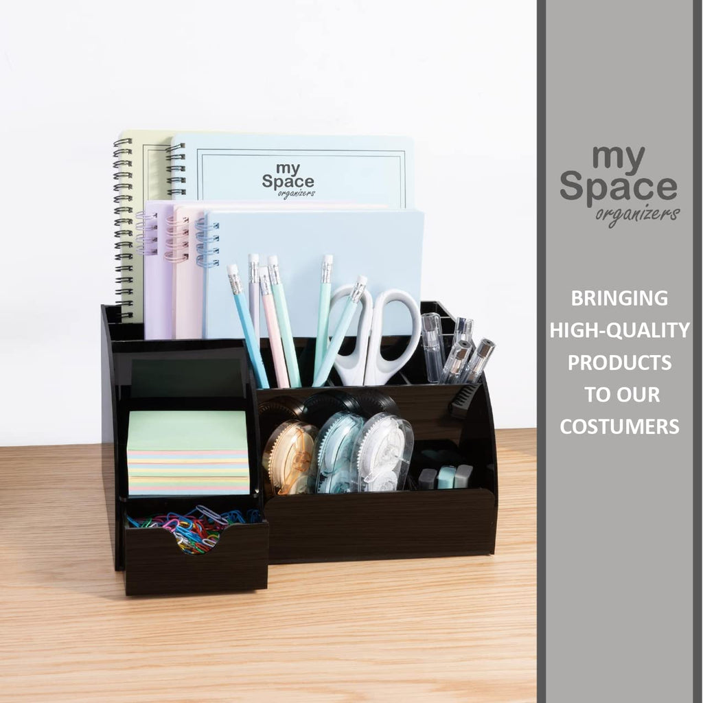 Acrylic Desk Organizer with Drawer, 9 Compartments, Black