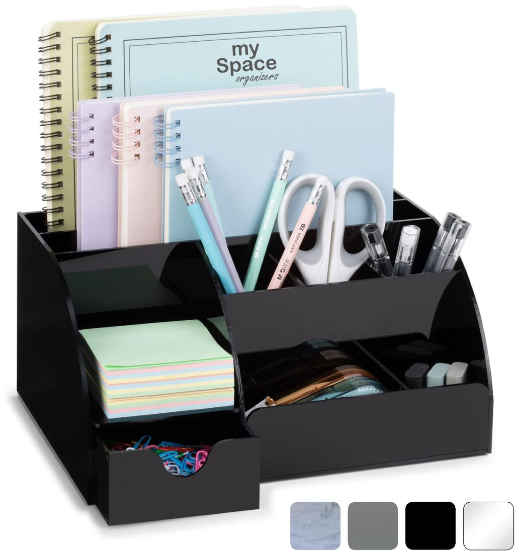 Acrylic Desk Organizer with Drawer, 9 Compartments, Black