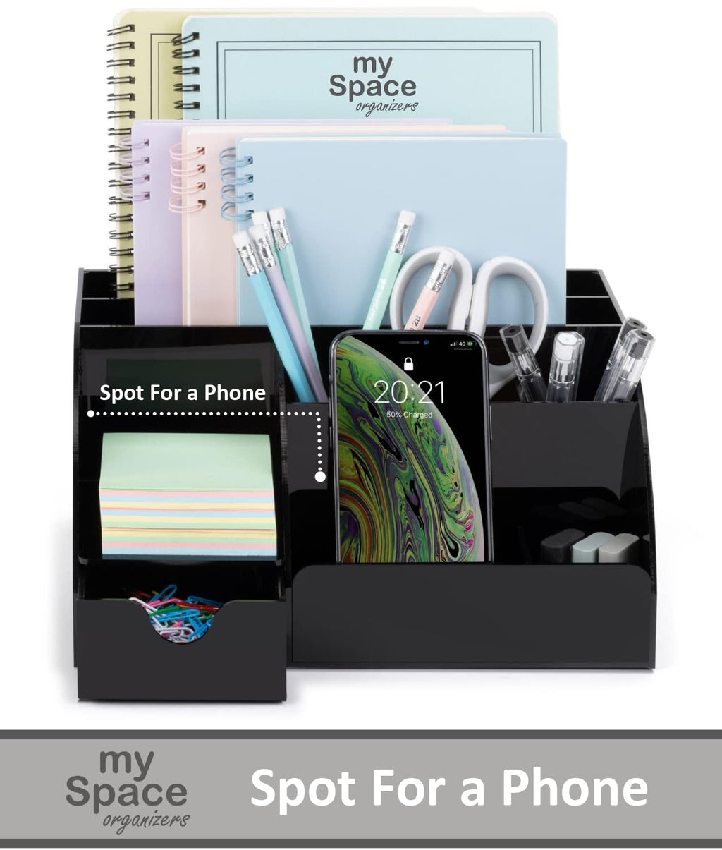 Acrylic Desk Organizer with Drawer, 9 Compartments, Black