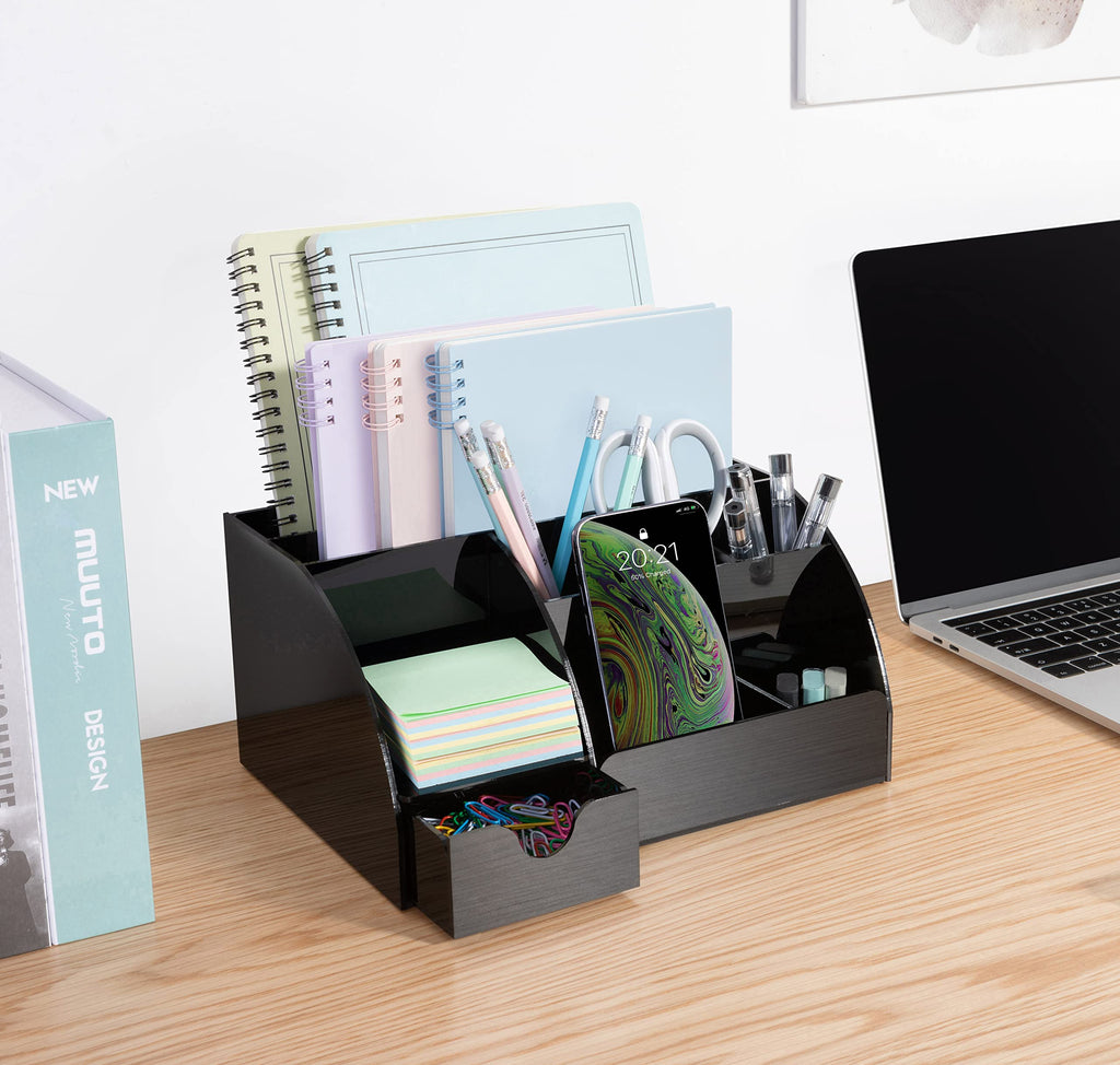 Acrylic Desk Organizer with Drawer, 9 Compartments, Black