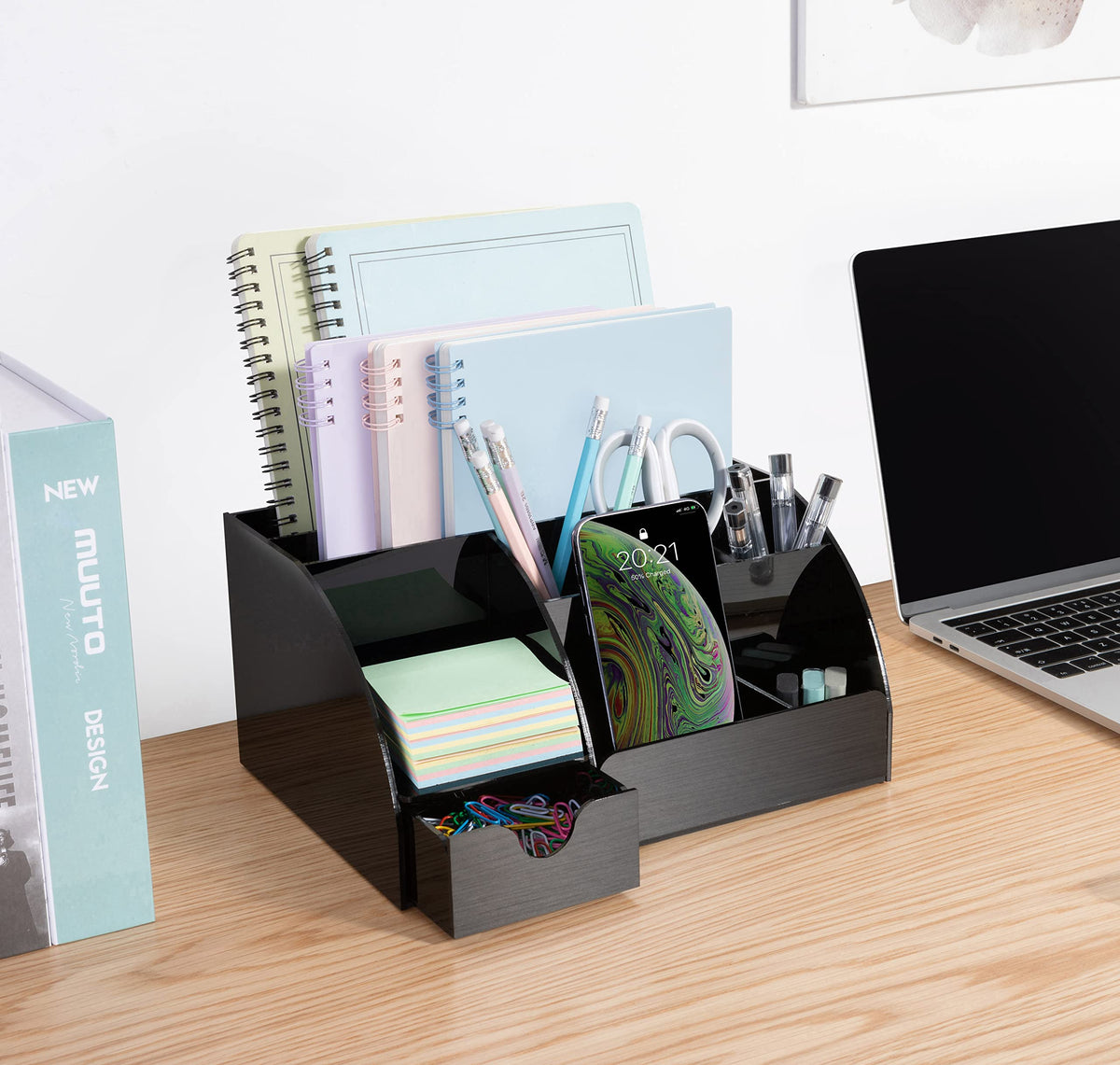 Acrylic Desk Organizer with Drawer, 9 Compartments, Black