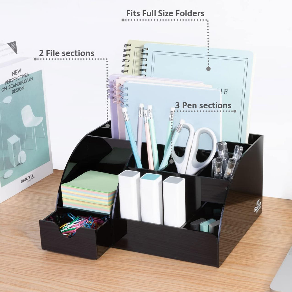 Acrylic Desk Organizer with Drawer, 9 Compartments, Black