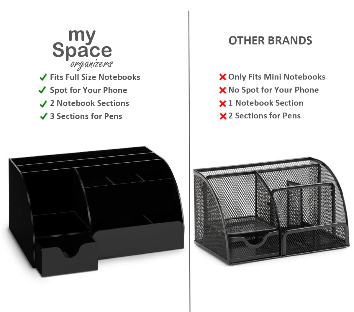Acrylic Desk Organizer with Drawer, 9 Compartments, Black