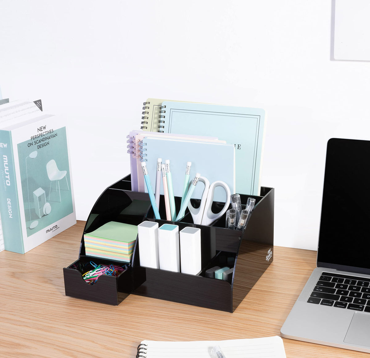 Acrylic Desk Organizer with Drawer, 9 Compartments, Black