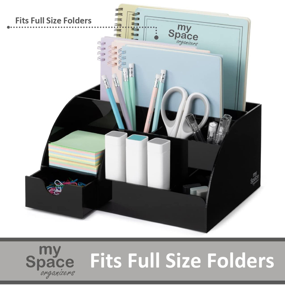 Acrylic Desk Organizer with Drawer, 9 Compartments, Black