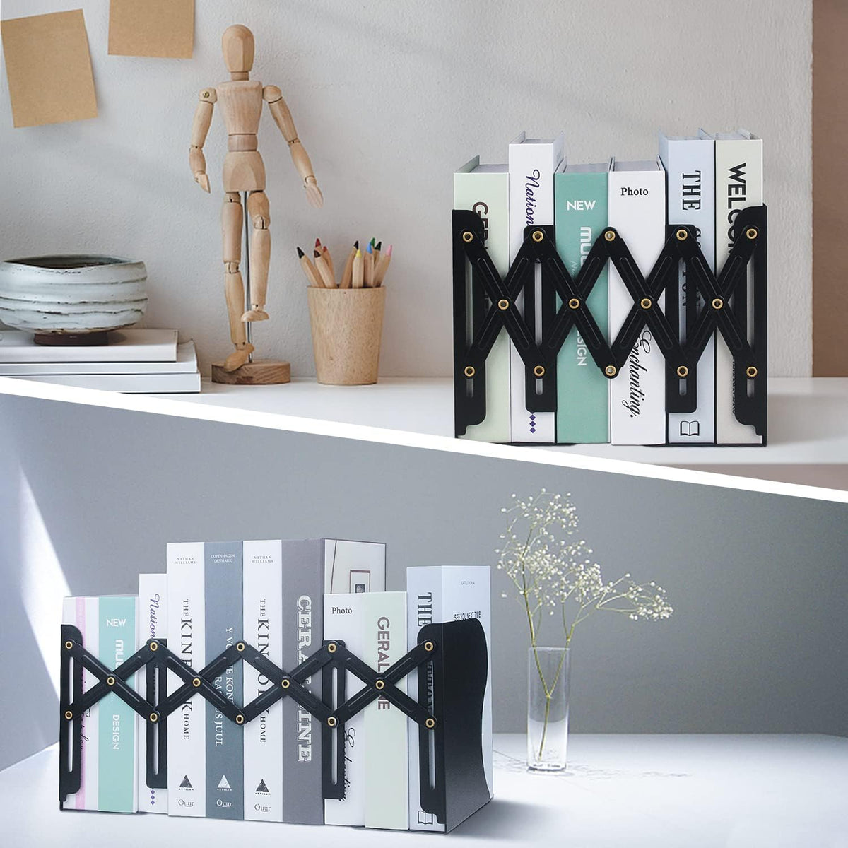 Adjustable Expandable Bookends with Anti-Slip Pads, 2 Dividers