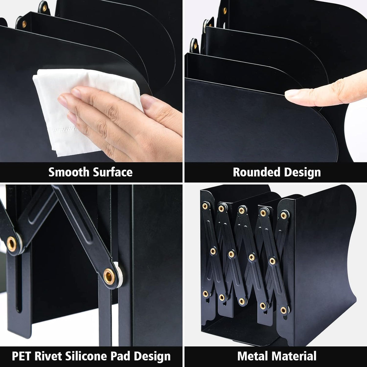 Adjustable Expandable Bookends with Anti-Slip Pads, 2 Dividers
