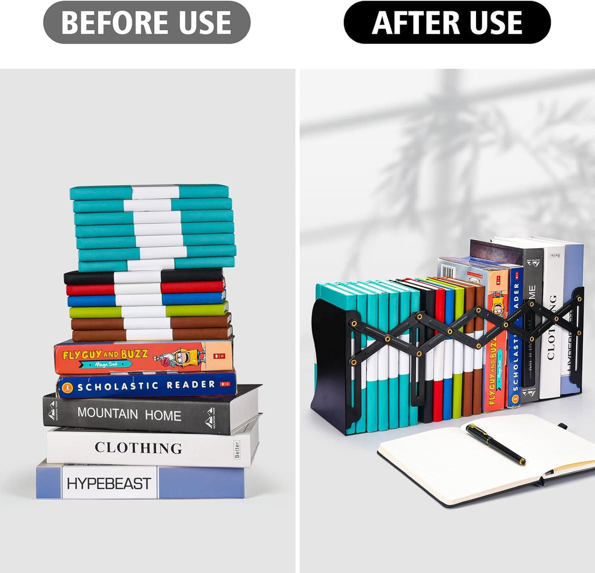 Adjustable Expandable Bookends with Anti-Slip Pads, 2 Dividers
