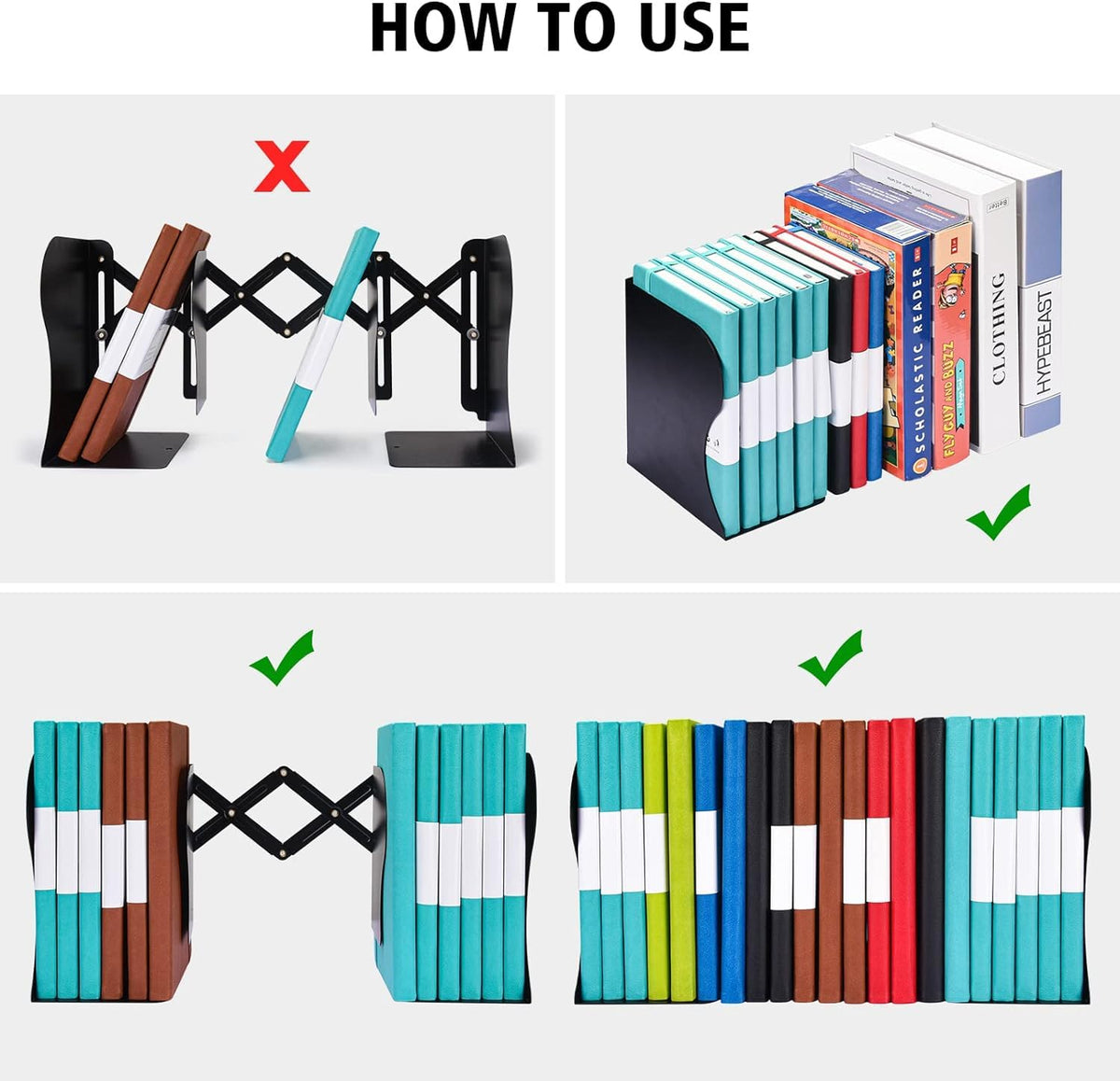 Adjustable Expandable Bookends with Anti-Slip Pads, 2 Dividers