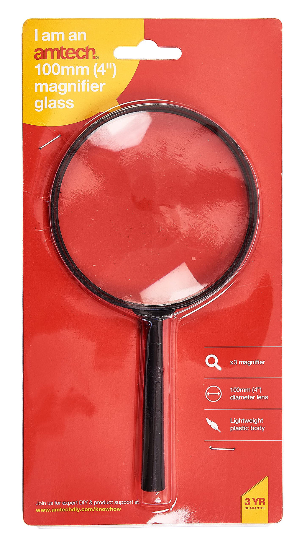 Amtech S2915 Magnifying Glass, 100mm Diameter 4 inch, 3x Magnifying Glass for Kids, Lightweight
