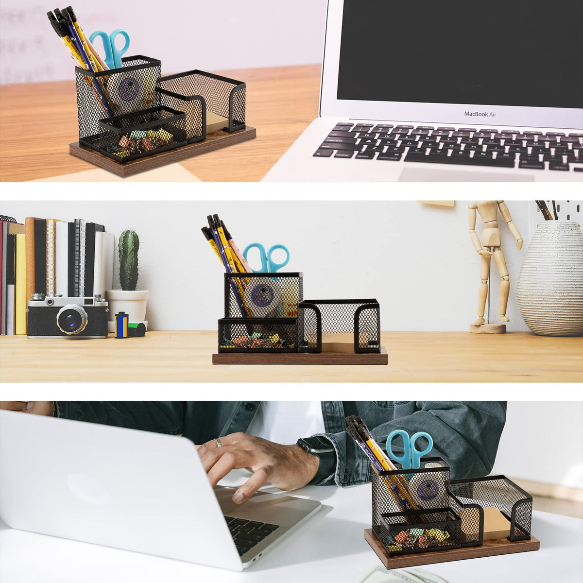 Antique Wood Mesh Pen Holder Desktop Organizer — 3-Compartment (2 Pack, Black)
