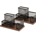 Antique Wood Mesh Pen Holder Desktop Organizer — 3-Compartment (2 Pack, Black)