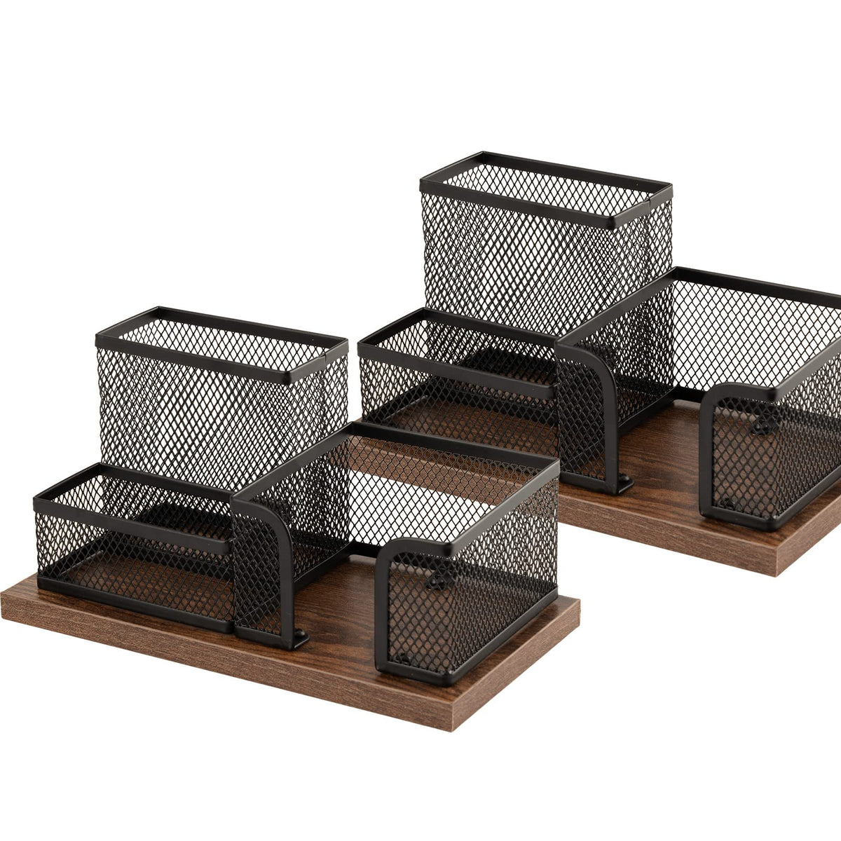 Antique Wood Mesh Pen Holder Desktop Organizer — 3-Compartment (2 Pack, Black)