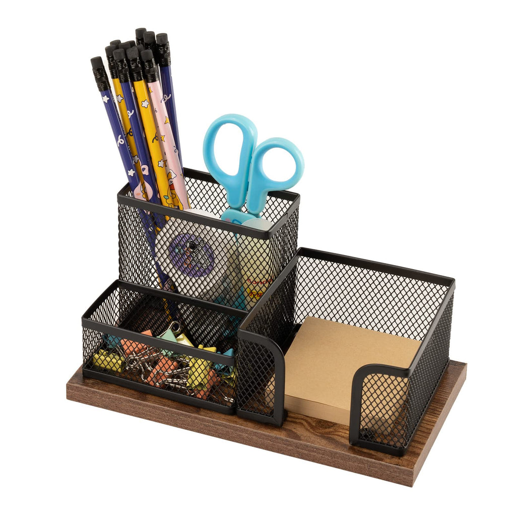 Antique Wood Mesh Pen Holder Desktop Organizer — 3-Compartment (2 Pack, Black)