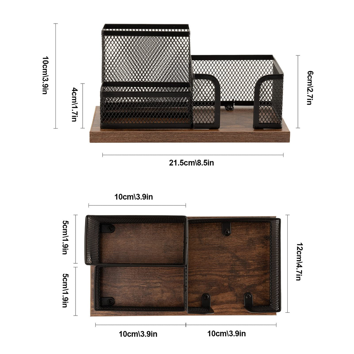 Antique Wood Mesh Pen Holder Desktop Organizer — 3-Compartment (2 Pack, Black)