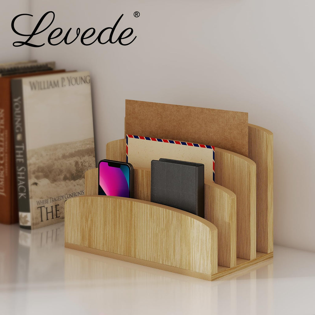 Bamboo Letter Holder 3-Slot Desktop Organizer — Compact Wood Mail Sorter
