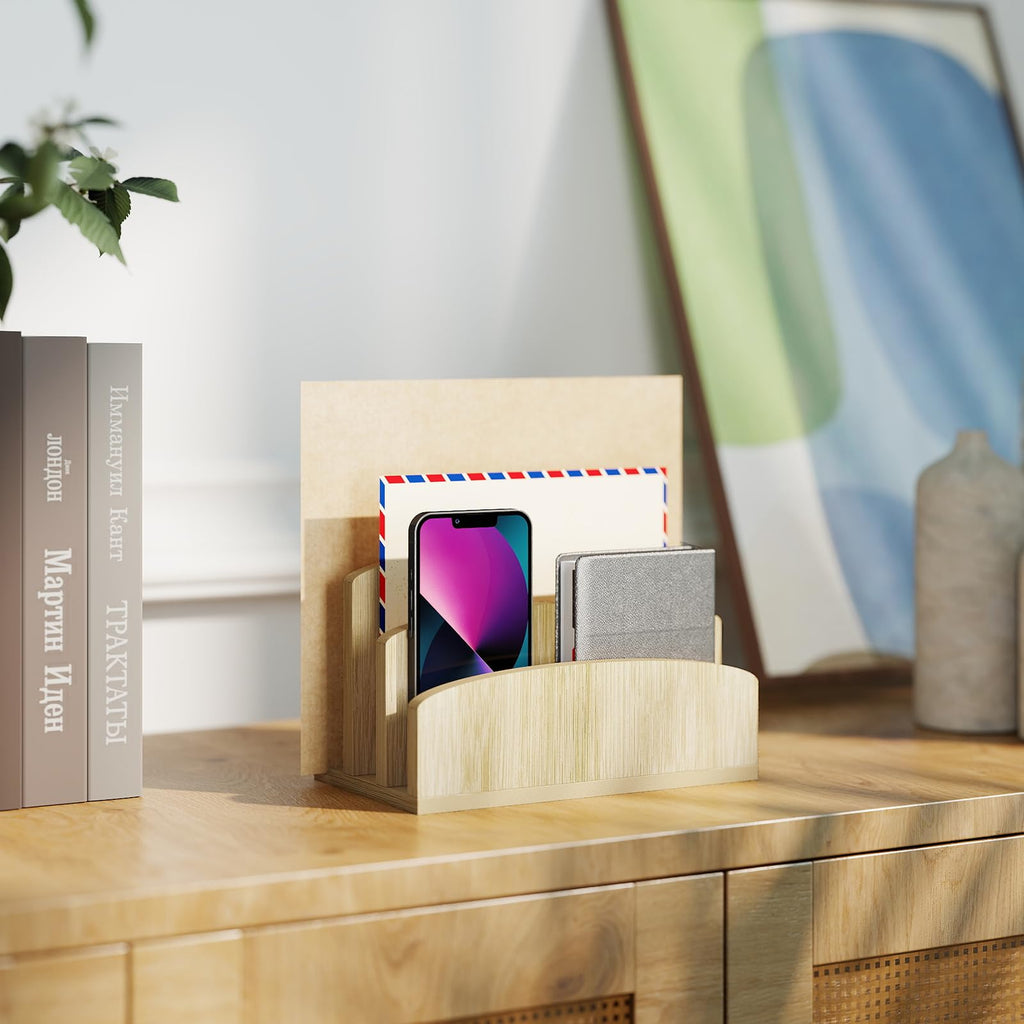 Bamboo Letter Holder 3-Slot Desktop Organizer — Compact Wood Mail Sorter