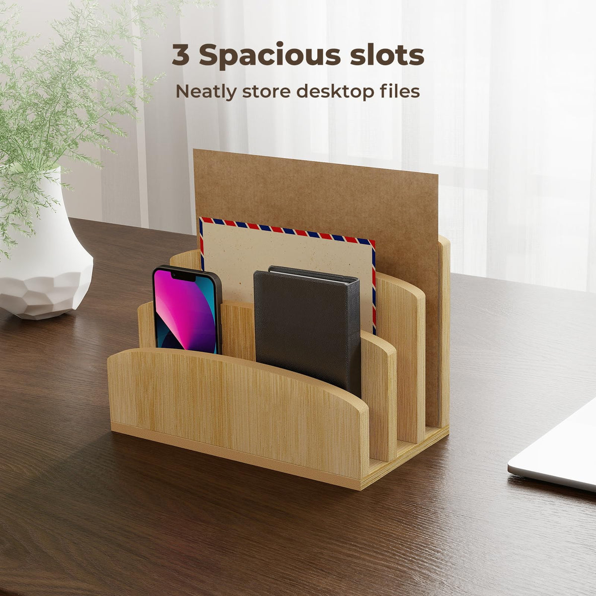 Bamboo Letter Holder 3-Slot Desktop Organizer — Compact Wood Mail Sorter