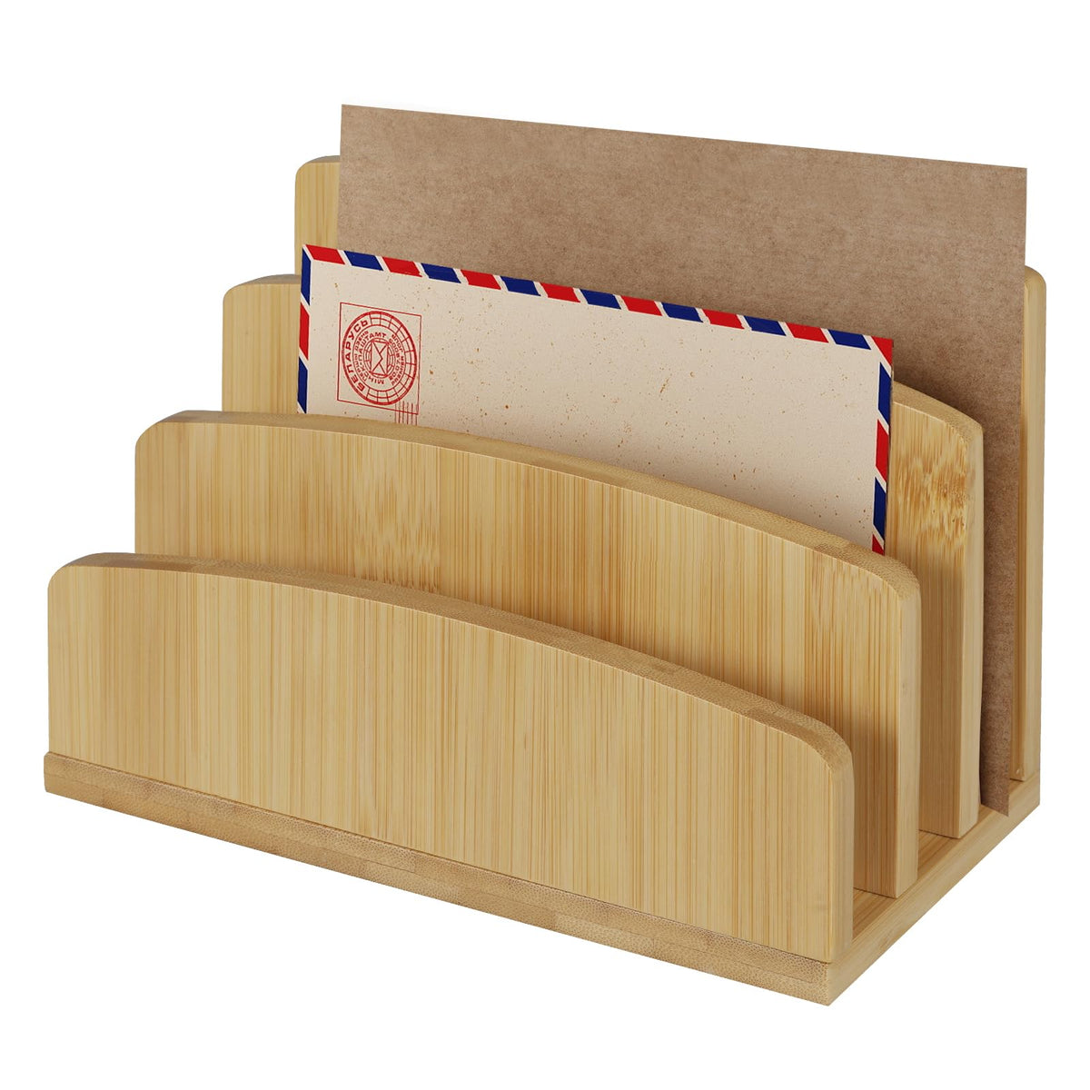 Bamboo Letter Holder 3-Slot Desktop Organizer — Compact Wood Mail Sorter