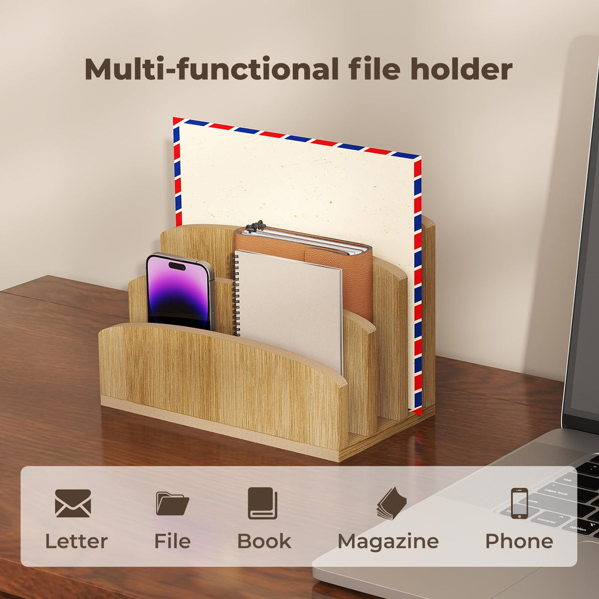 Bamboo Letter Holder 3-Slot Desktop Organizer — Compact Wood Mail Sorter