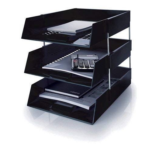 Black A4 Plastic Letter File Trays with Risers (3 Trays, 2 Risers)