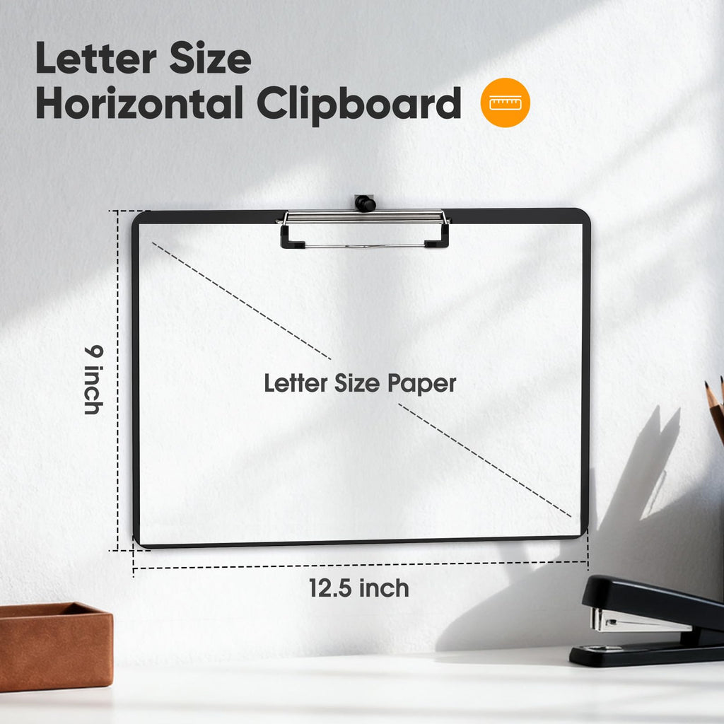 Black Horizontal Clipboard 12.5 x 9 in — Letter/A4 Landscape, Low-Profile Clip