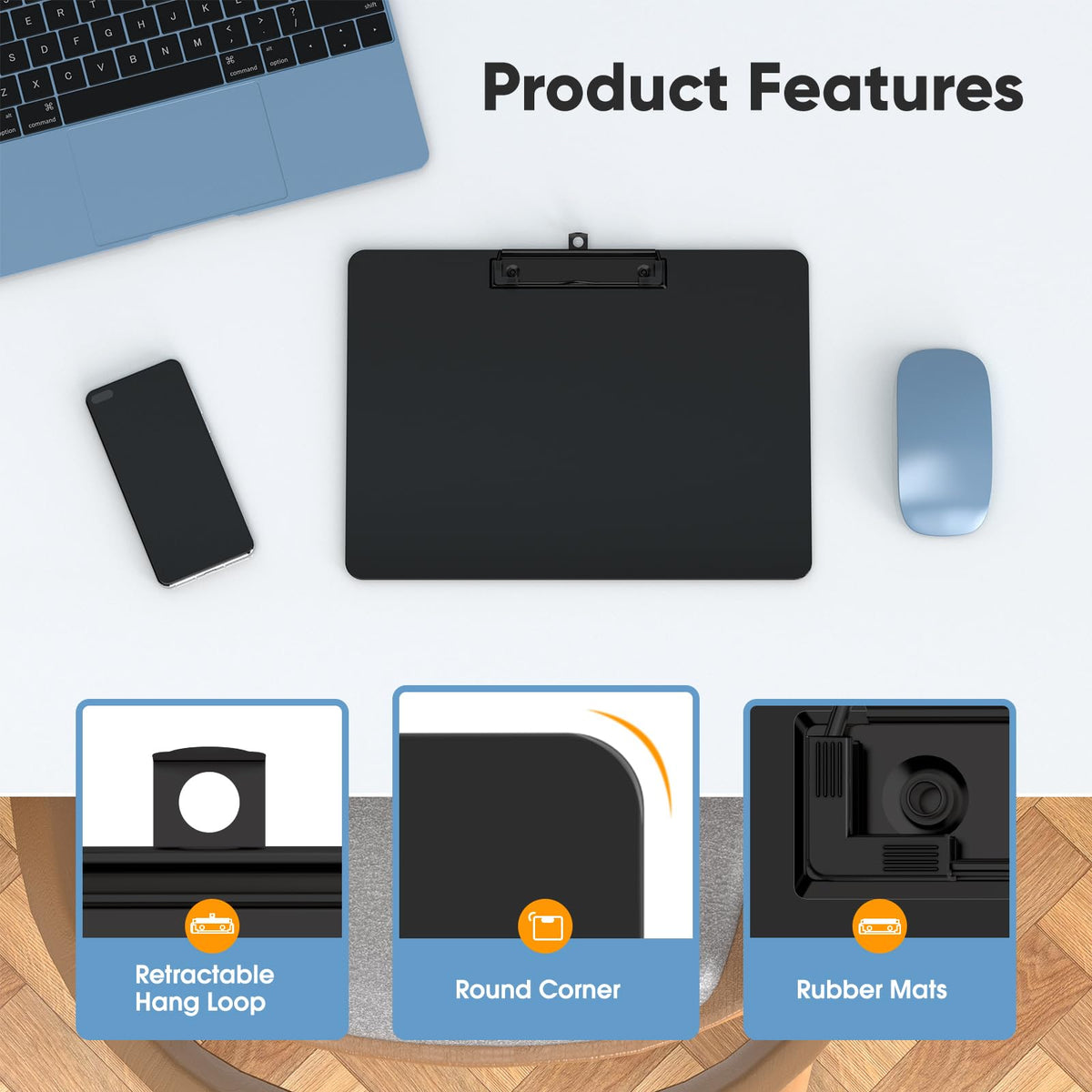Black Horizontal Clipboard 12.5 x 9 in — Letter/A4 Landscape, Low-Profile Clip