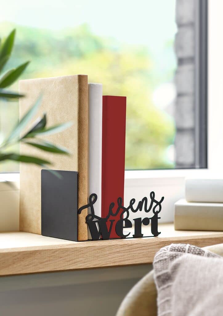 Black Metal Bookend with Cut-Out "Reading Worth" Lettering, Metal Book Stand