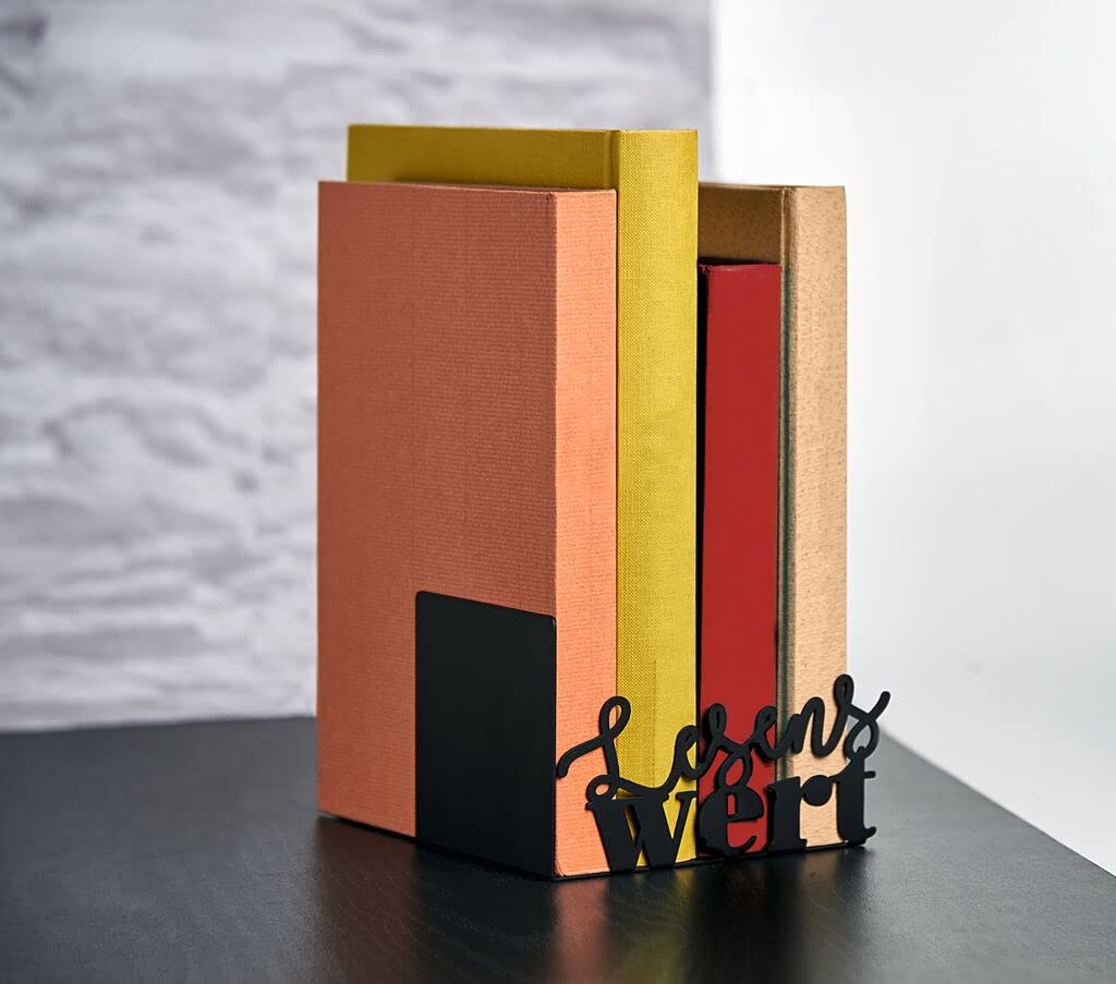 Black Metal Bookend with Cut-Out "Reading Worth" Lettering, Metal Book Stand