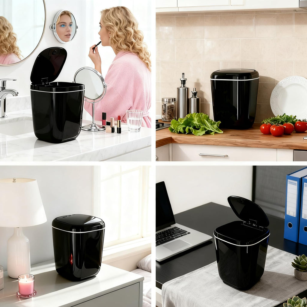 Black Mini Desktop Trash Bin 2.3L — Tea Bag Caddy & Waste Basket