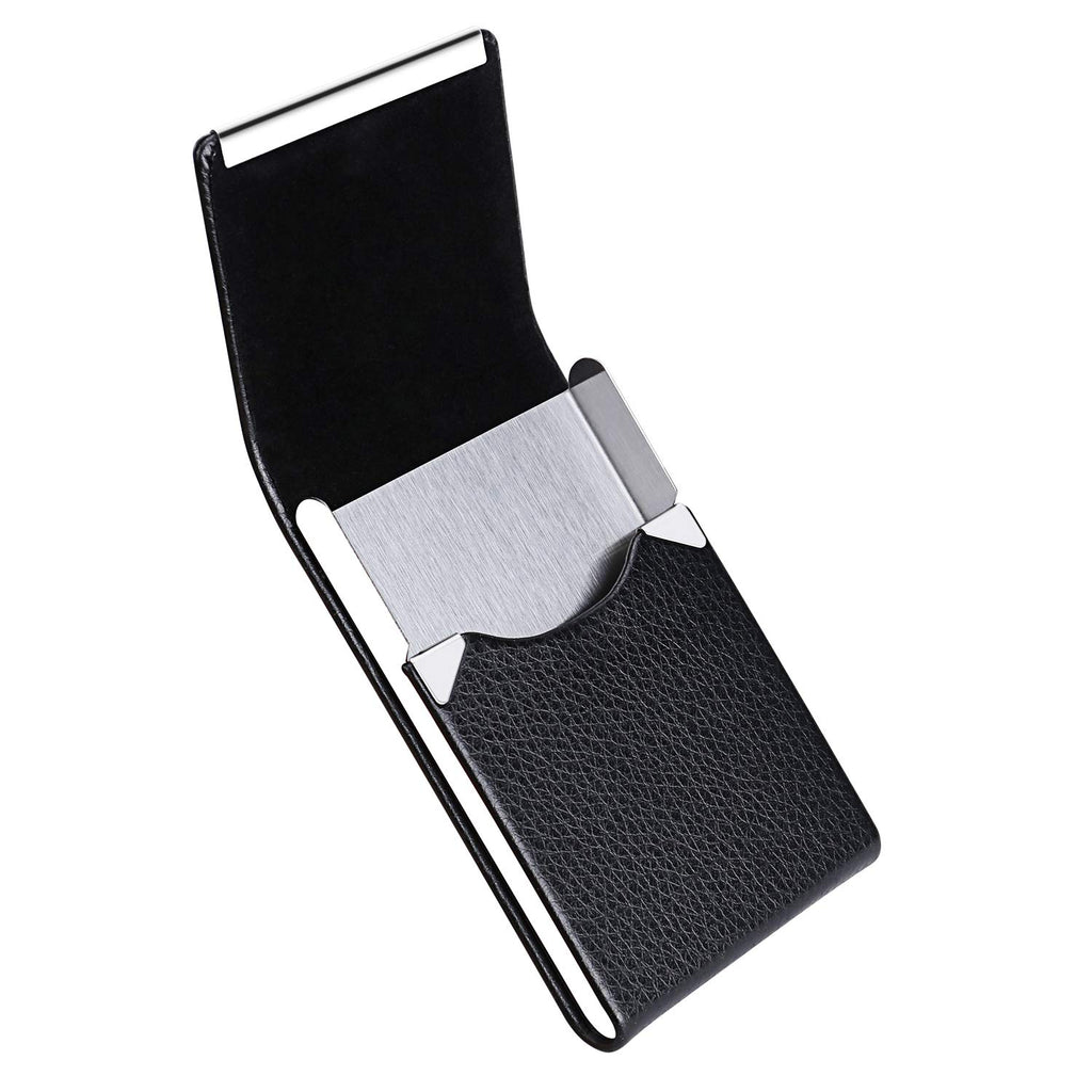 Business Card Holder Metal PU Leather Case with RFID Blocking (Black)