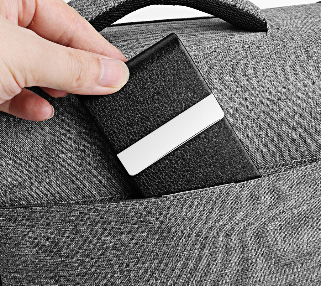 Business Card Holder Metal PU Leather Case with RFID Blocking (Black)
