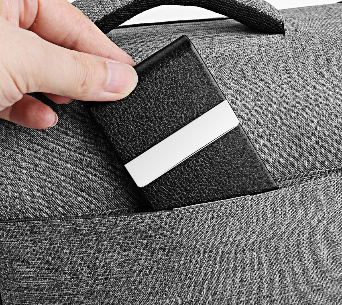 Business Card Holder Metal PU Leather Case with RFID Blocking (Black)