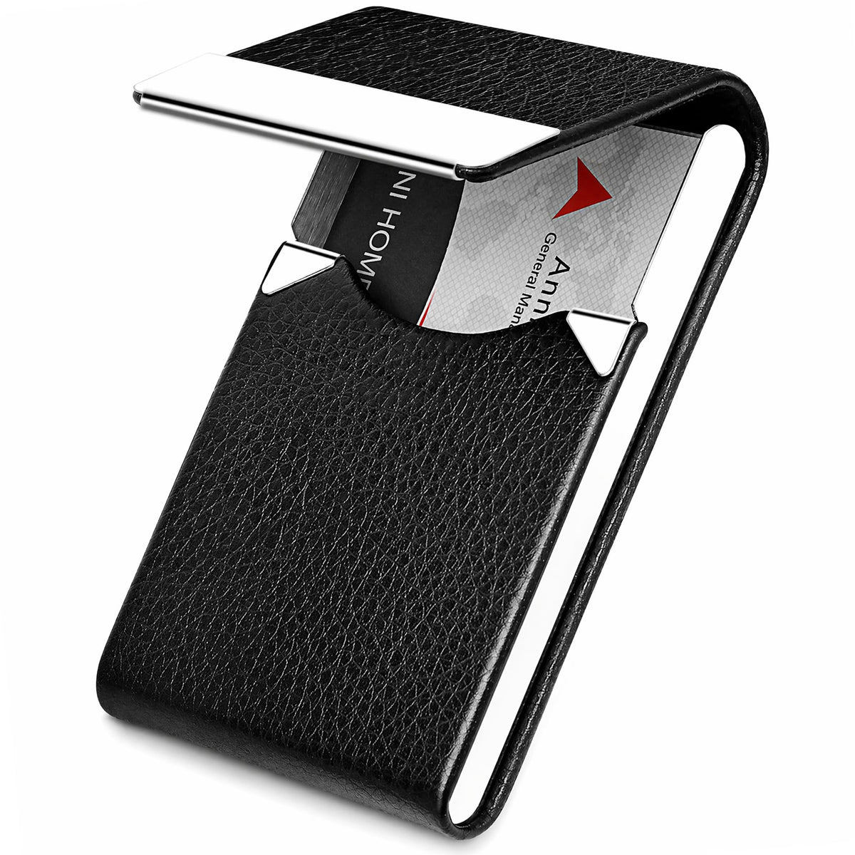Business Card Holder Metal PU Leather Case with RFID Blocking (Black)