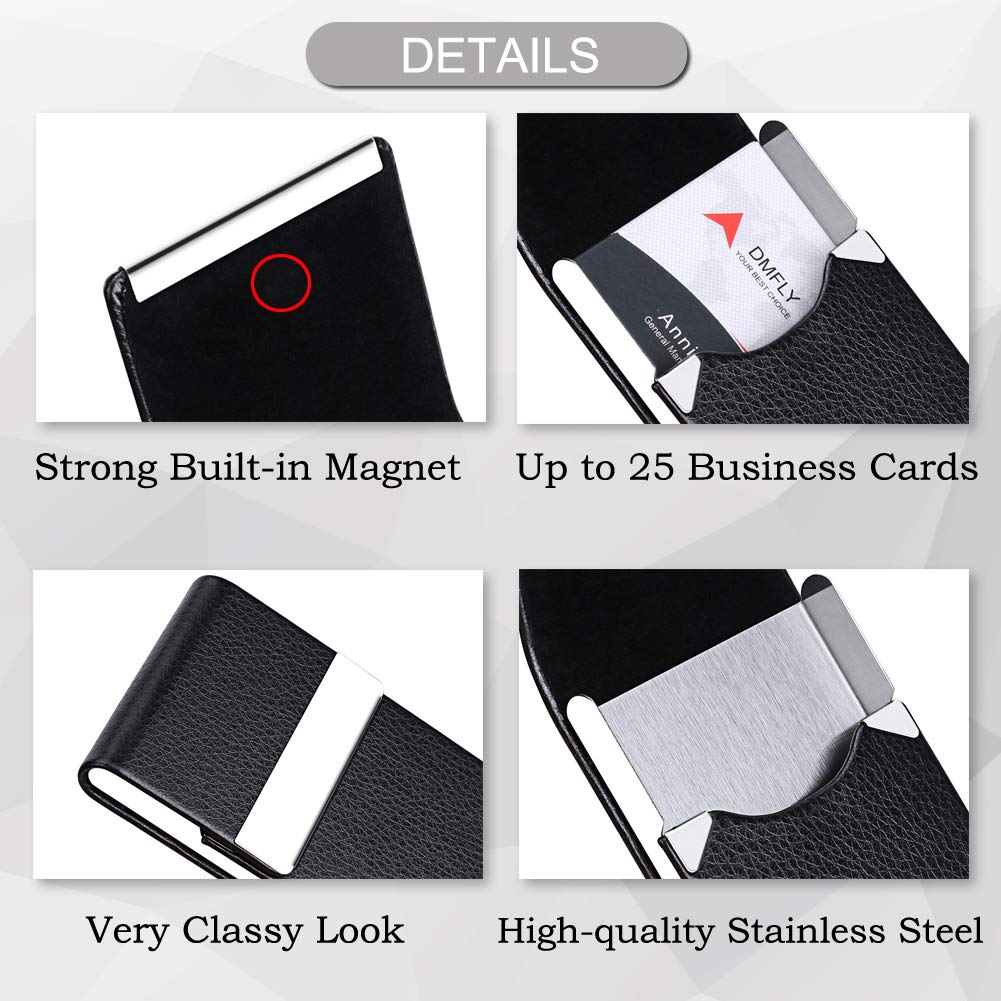 Business Card Holder Metal PU Leather Case with RFID Blocking (Black)