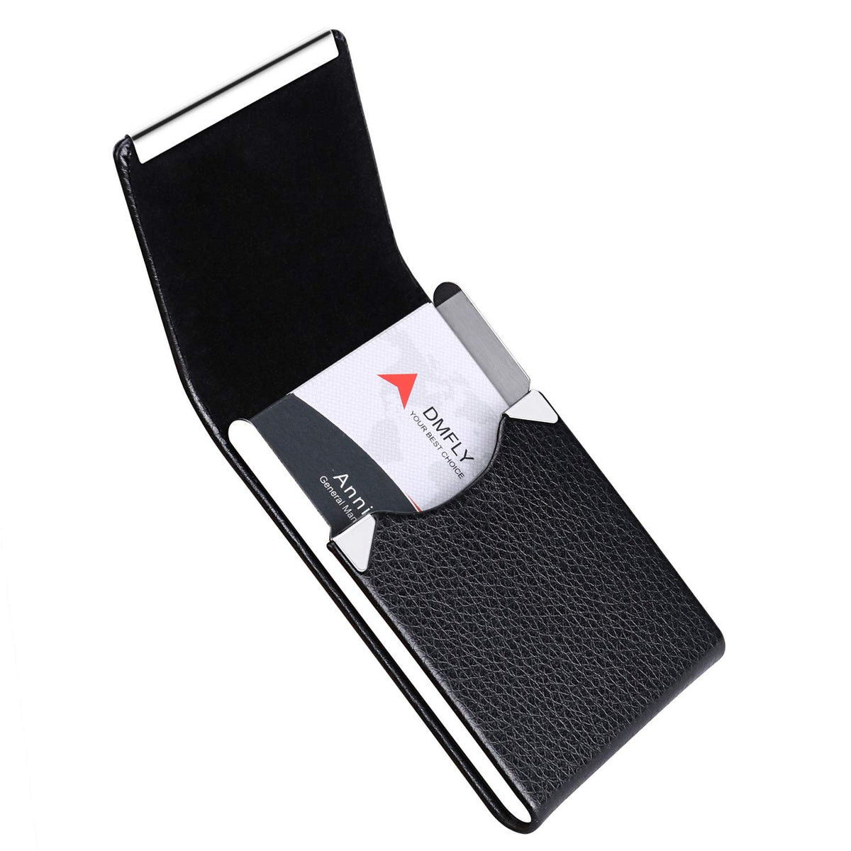 Business Card Holder Metal PU Leather Case with RFID Blocking (Black)