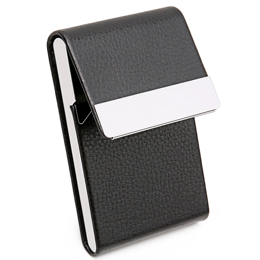 Business Card Holder Metal PU Leather Case with RFID Blocking (Black)