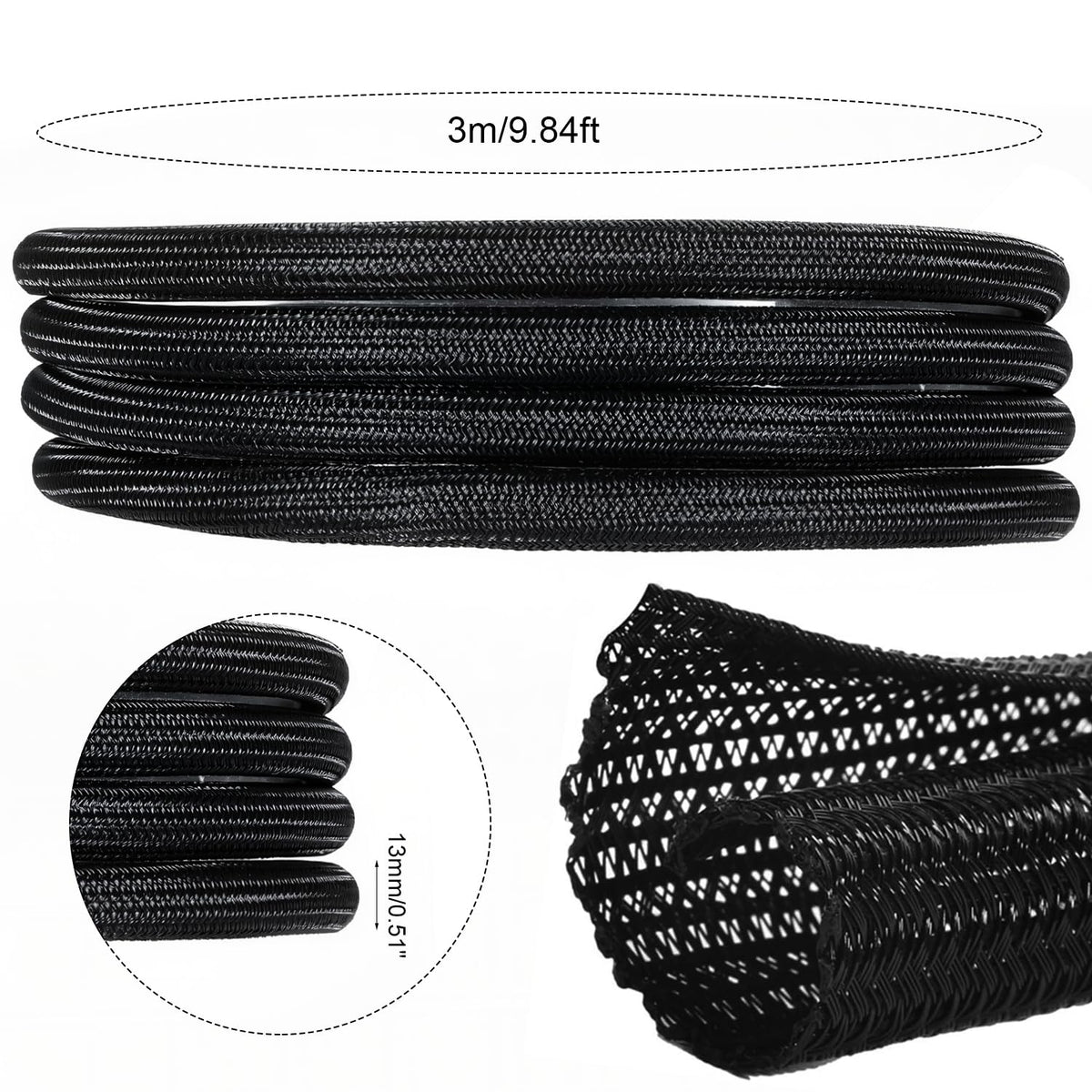 Cable Management Sleeve 13mm x 3m — Cable Protector Tube Black