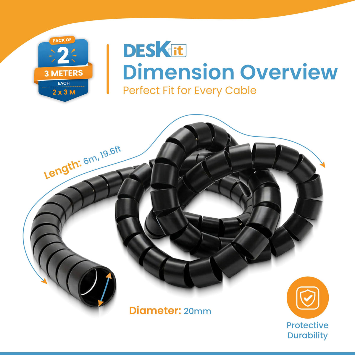 Cable Tidy Sleeve 6m — Flexible 20mm Spiral Cable Organizer (Black)