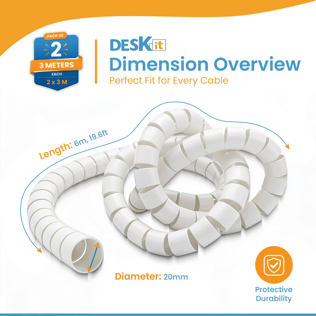 Cable Tidy Sleeve 6m — Flexible 20mm Spiral Cable Wrap, White