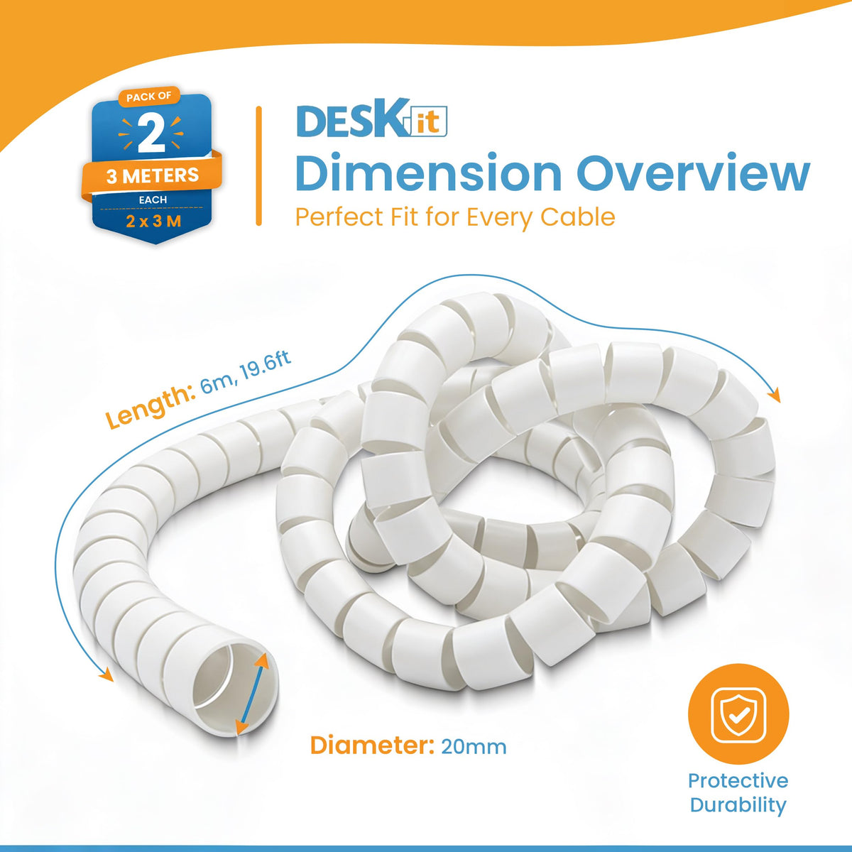 Cable Tidy Sleeve 6m — Flexible 20mm Spiral Cable Wrap, White